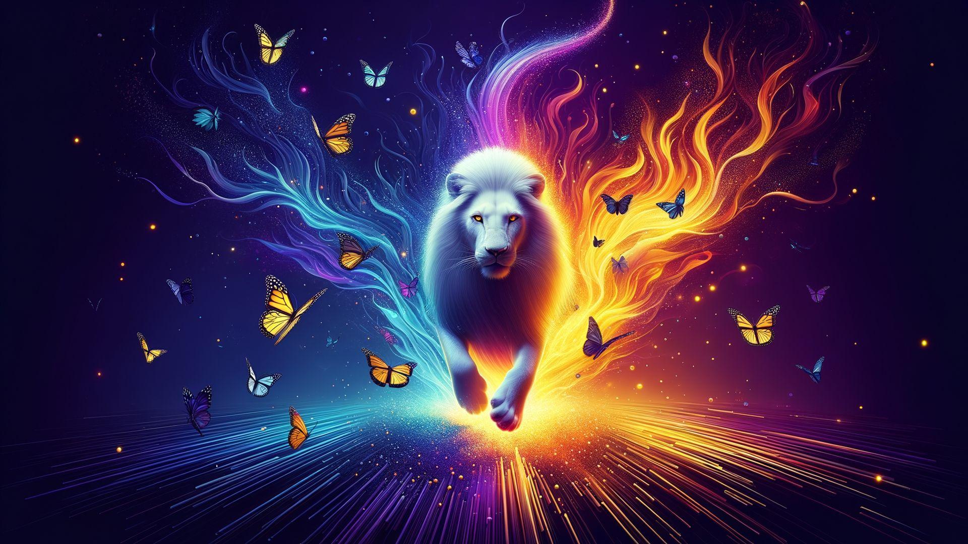 Majestic white lion surrounded by vibrant flames and butterflies in a surreal, colorful fantasy scene.