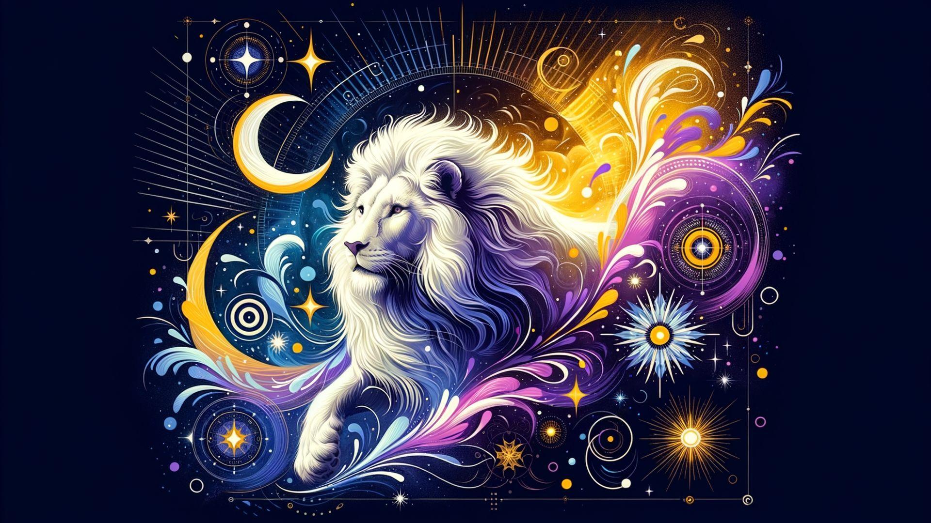 Majestic lion surrounded by celestial and abstract elements in a colorful cosmic scene.