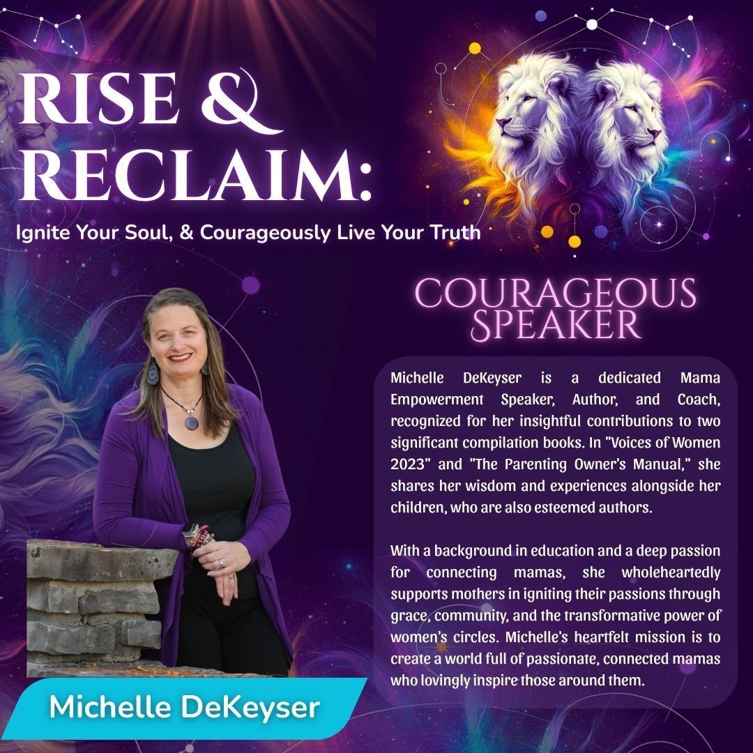 Woman posing beside stacked stones with vibrant cosmic background, text about empowerment speaker Michelle DeKeyser.