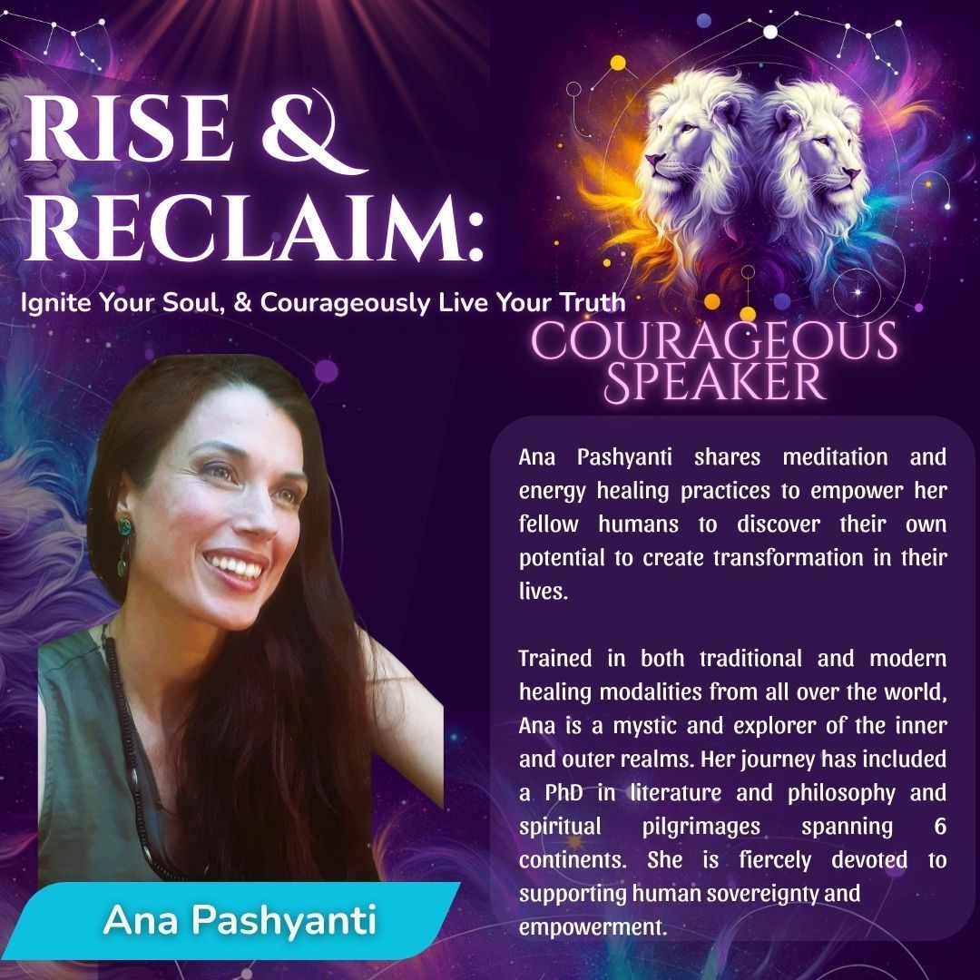 Promotional graphic with woman smiling, featuring text about meditation and energy healing practices by a courageous speaker.