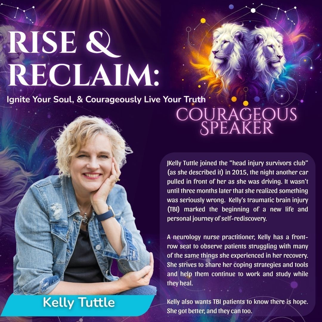 Woman smiling with a cosmic lion background, text about Kelly's brain injury story and recovery journey.