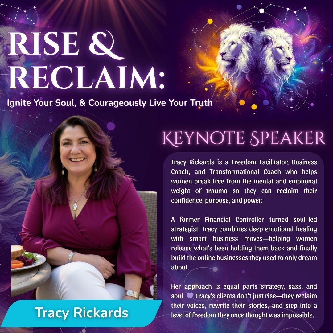 Event poster featuring keynote speaker Tracy Rickards with motivational text and celestial lion imagery.