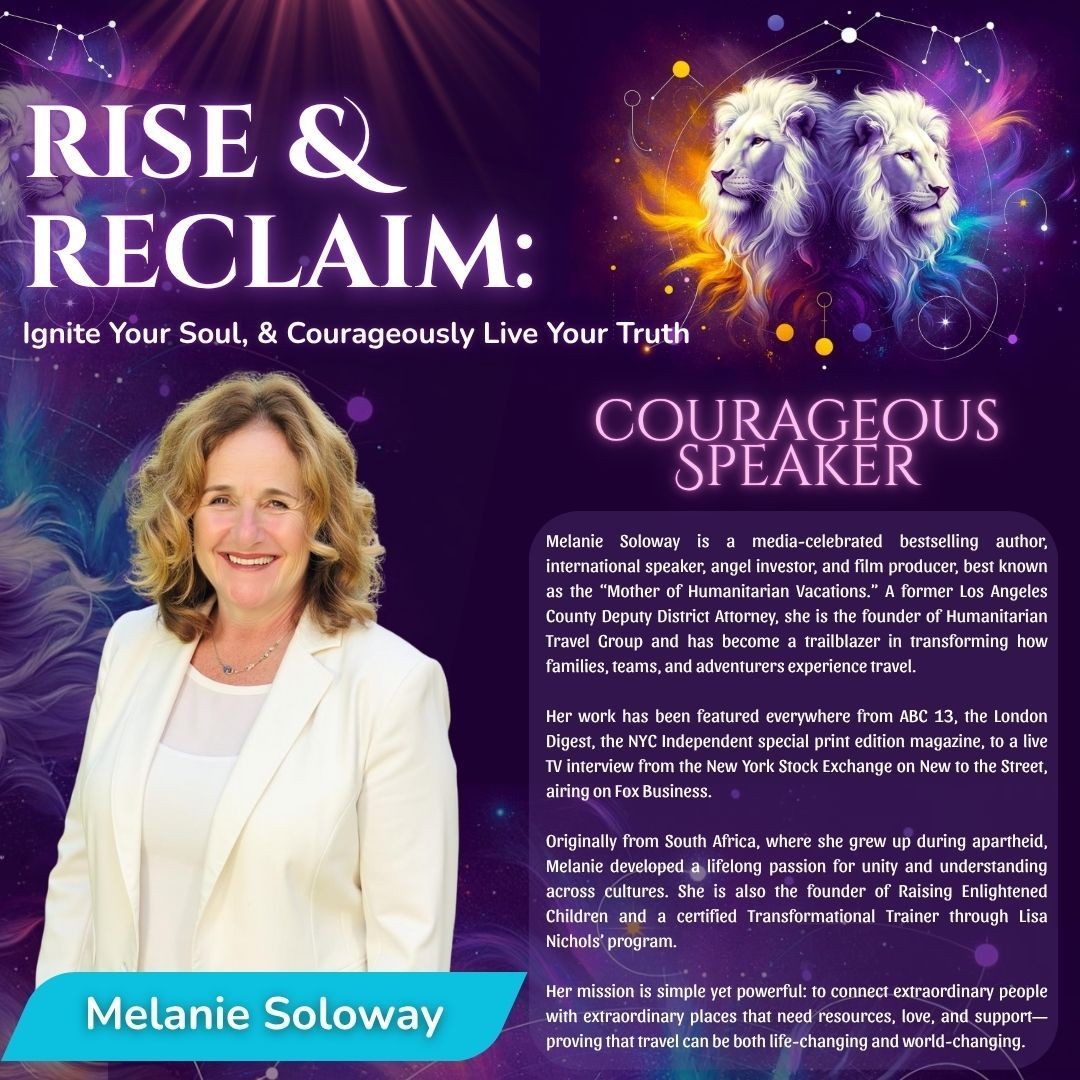 Woman in white jacket against a background with lions and text about being a courageous speaker.