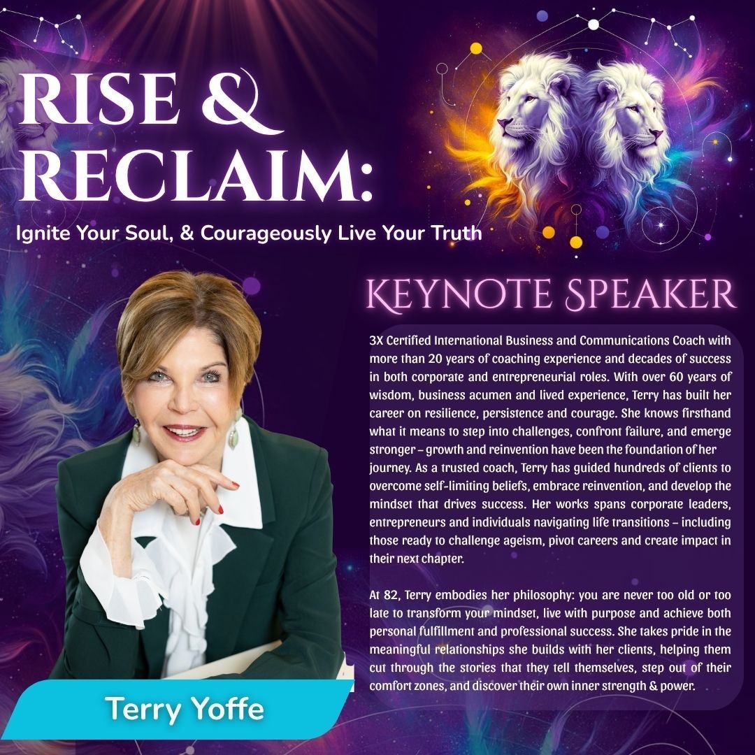 Keynote speaker poster featuring a woman with promotional text on business coaching and self-improvement.