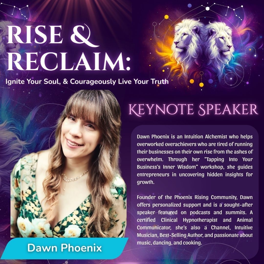 Event graphic featuring keynote speaker Dawn Phoenix with cosmic background and motivational text.