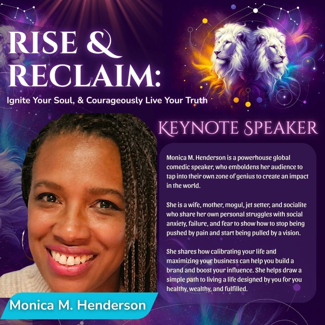 Event poster with purple background featuring speaker details and image, titled 'Rise & Reclaim.'