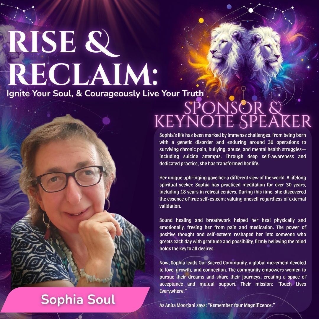 Promotional image for a keynote speaker event featuring Sophia Soul with inspirational background and text details.