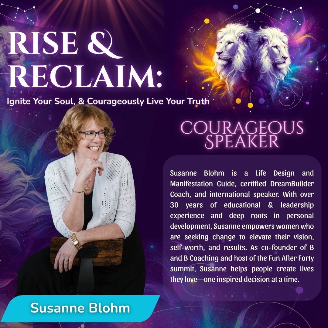 Promotional image featuring a motivational speaker with text about life design and empowerment against a colorful backdrop.