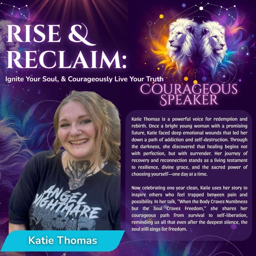 Promotional poster for a courageous speaker event featuring Katie Thomas with inspirational text and lion artwork.