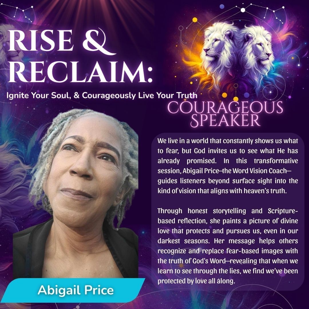 Event poster for 'Rise & Reclaim' featuring speaker profile and two lions with cosmic background.