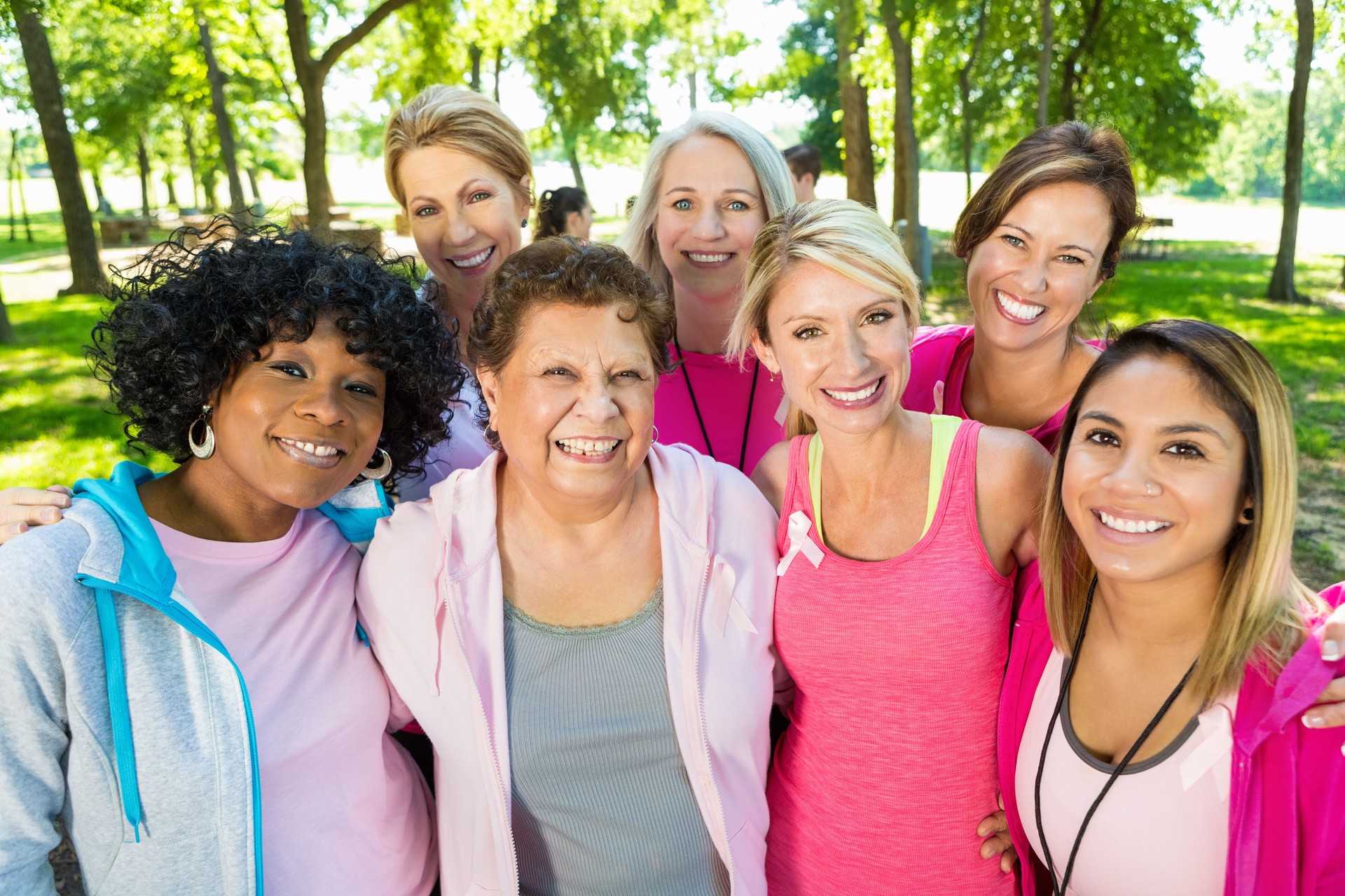Large diverse group of breast cancer survivors at race