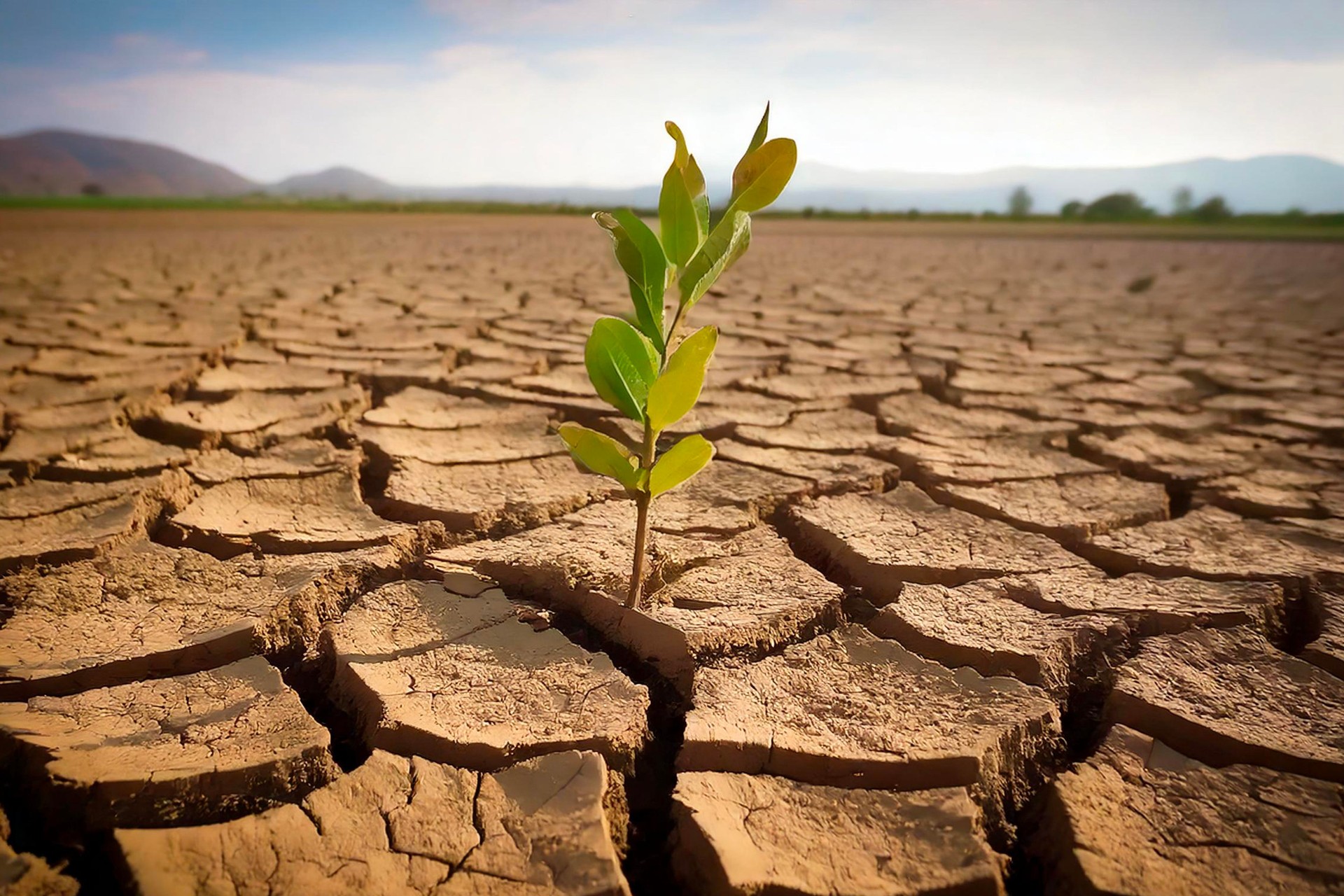 A new shoot of plant in dry cracked clay mud in dried up lake bed during drought in summer in hot weather temperatures, concept of new beginning